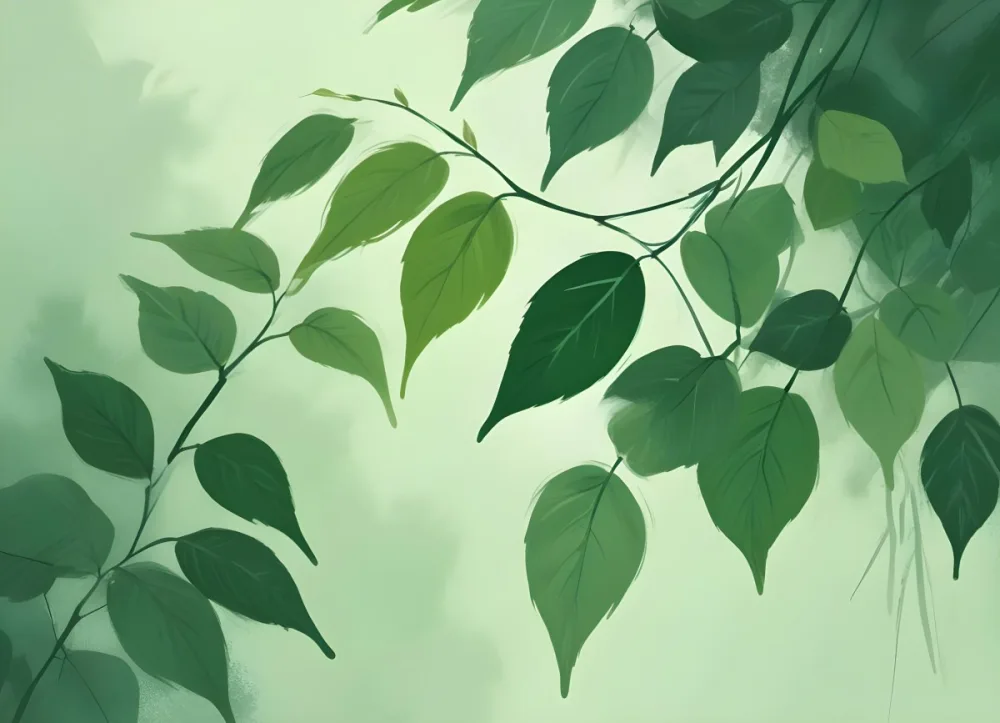 Digital Painting Green Leaves At The Top With A Soft Green Background And A Hint Of Grass At The Bottom Bold And Slim Lines Brush Strokes 59 3b76