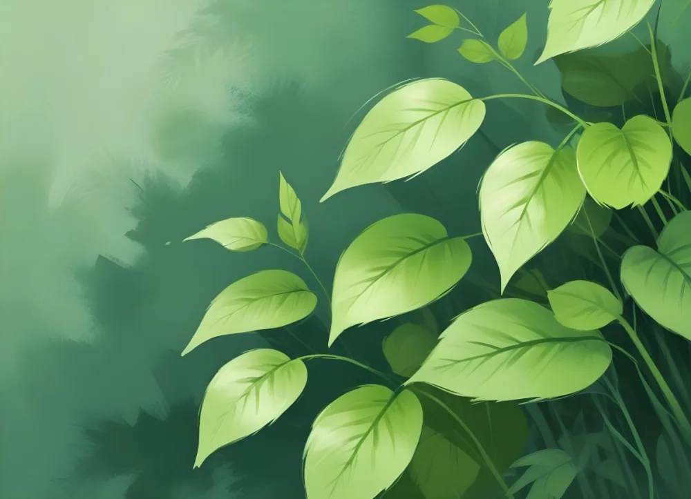 Digital Painting Green Leaves At The Top With A Soft Green Background And A Hint Of Grass At The Bottom Bold And Slim Lines Brush Strokes 8 891a