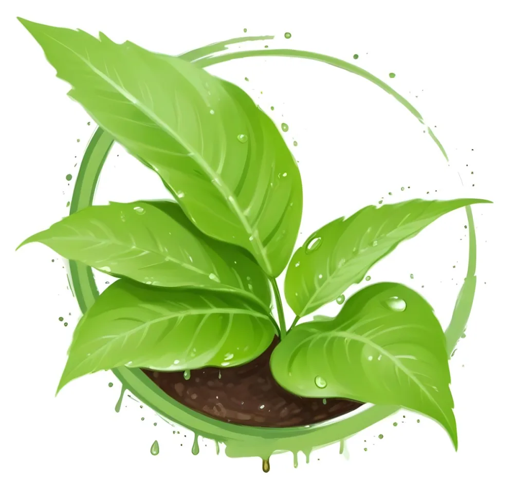 Digital Painting Green Leaves With Water Drops In A Pot With Soil Inside A Green Circle White Background Bold And Slim Lines Brush Strokes 13 0002