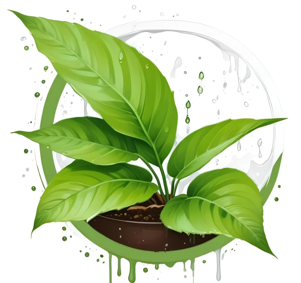Digital Painting Green Leaves With Water Drops In A Pot With Soil Inside A Green Circle White Background Bold And Slim Lines Brush Strokes 23 C61f