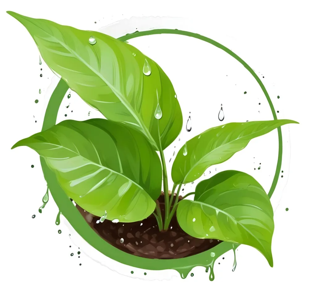 Digital Painting Green Leaves With Water Drops In A Pot With Soil Inside A Green Circle White Background Bold And Slim Lines Brush Strokes 8 A171