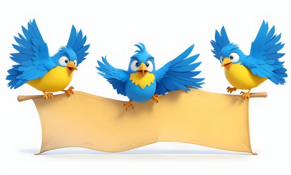 Digital Painting Three Cartoon Birds With Blue Feathers And Yellow Accents One In The Center With A Blue Body And Yellow Belly Perched On A Scroll Like Banner The Background Is Plain And Light Colored Bold And Sl 5 Efc7