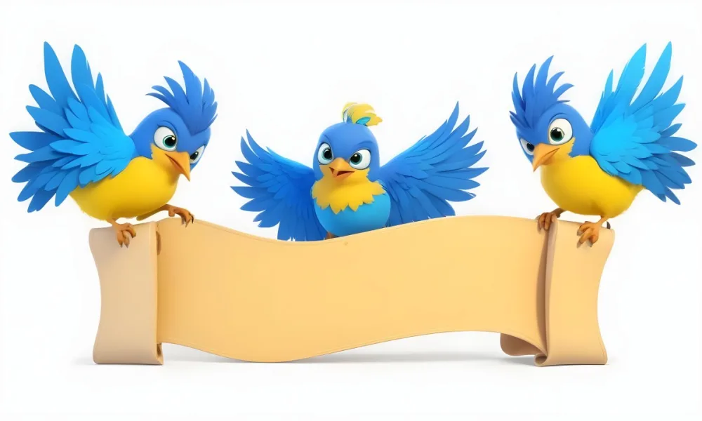 Digital Painting Three Cartoon Birds With Blue Feathers And Yellow Accents One In The Center With A Blue Body And Yellow Belly Perched On A Scroll Like Banner The Background Is Plain And Light Colored Bold And Sl 6 2f0f