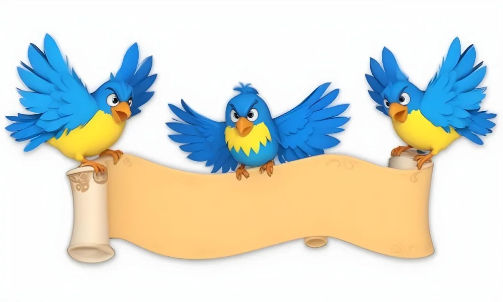 Digital Painting Three Cartoon Birds With Blue Feathers And Yellow Accents One In The Center With A Blue Body And Yellow Belly Perched On A Scroll Like Banner The Background Is Plain And Light Colored Bold And Sl 7 F79f