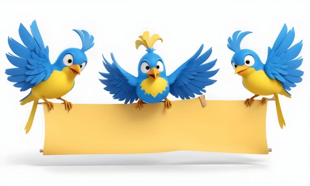 Digital Painting Three Cartoon Birds With Blue Feathers And Yellow Accents One In The Center With A Blue Body And Yellow Belly Perched On A Scroll Like Banner The Background Is Plain And Light Colored Bold And Sl 8 3287