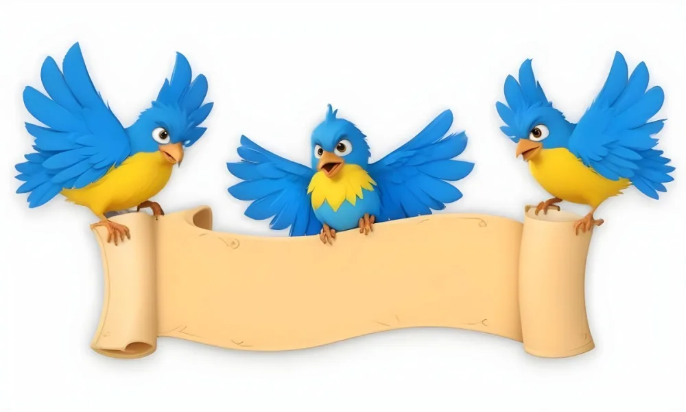 Digital Painting Three Cartoon Birds With Blue Feathers And Yellow Accents One In The Center With A Blue Body And Yellow Belly Perched On A Scroll Like Banner The Background Is Plain And Light Colored Bold And Sl 9 764e