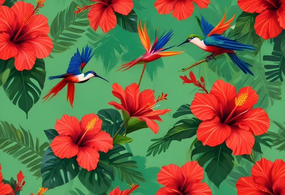 Digital Painting Three Red Hibiscus Flowers And A Bird Of Paradise Flower With Red Leaves On A Green Background Bold And Slim Lines Brush Strokes 12 7264