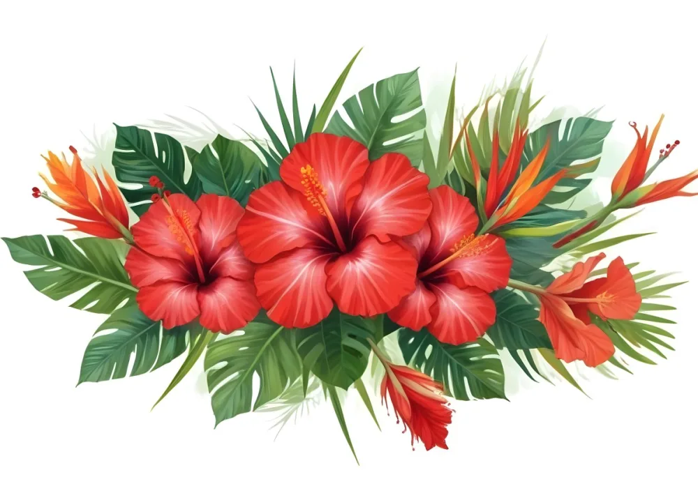 Digital Painting Three Red Hibiscus Flowers And A Bird Of Paradise Flower With Red Leaves On A Green Background Bold And Slim Lines Brush Strokes 13 3edc