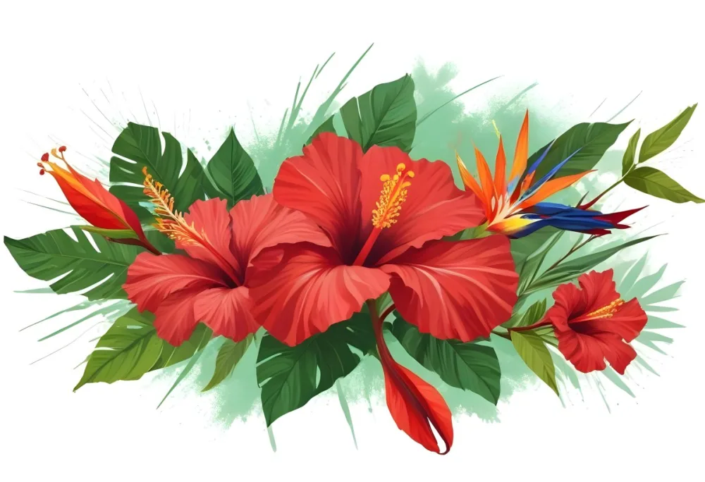 Digital Painting Three Red Hibiscus Flowers And A Bird Of Paradise Flower With Red Leaves On A Green Background Bold And Slim Lines Brush Strokes 17 4171