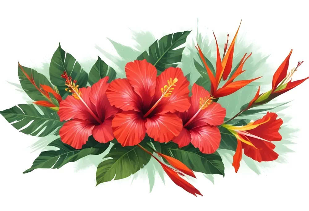 Digital Painting Three Red Hibiscus Flowers And A Bird Of Paradise Flower With Red Leaves On A Green Background Bold And Slim Lines Brush Strokes 18 01fa