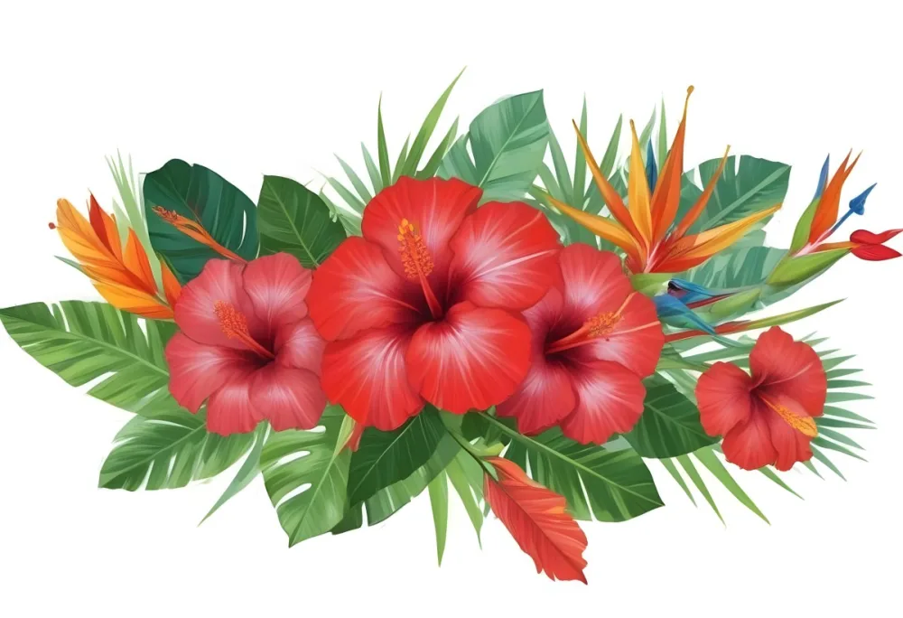 Digital Painting Three Red Hibiscus Flowers And A Bird Of Paradise Flower With Red Leaves On A Green Background Bold And Slim Lines Brush Strokes 21 5c72