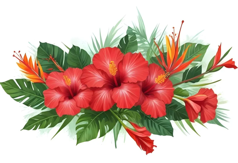 Digital Painting Three Red Hibiscus Flowers And A Bird Of Paradise Flower With Red Leaves On A Green Background Bold And Slim Lines Brush Strokes 22 38a2