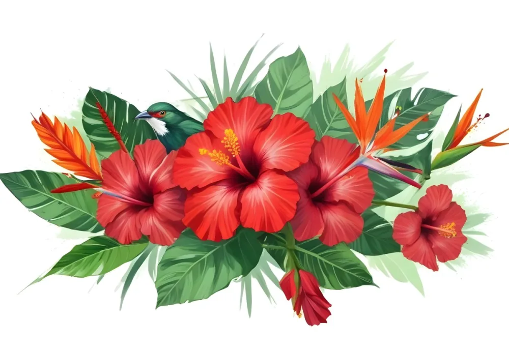 Digital Painting Three Red Hibiscus Flowers And A Bird Of Paradise Flower With Red Leaves On A Green Background Bold And Slim Lines Brush Strokes 24 887f