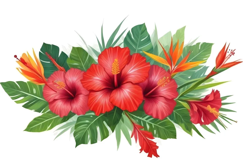 Digital Painting Three Red Hibiscus Flowers And A Bird Of Paradise Flower With Red Leaves On A Green Background Bold And Slim Lines Brush Strokes 25 B658