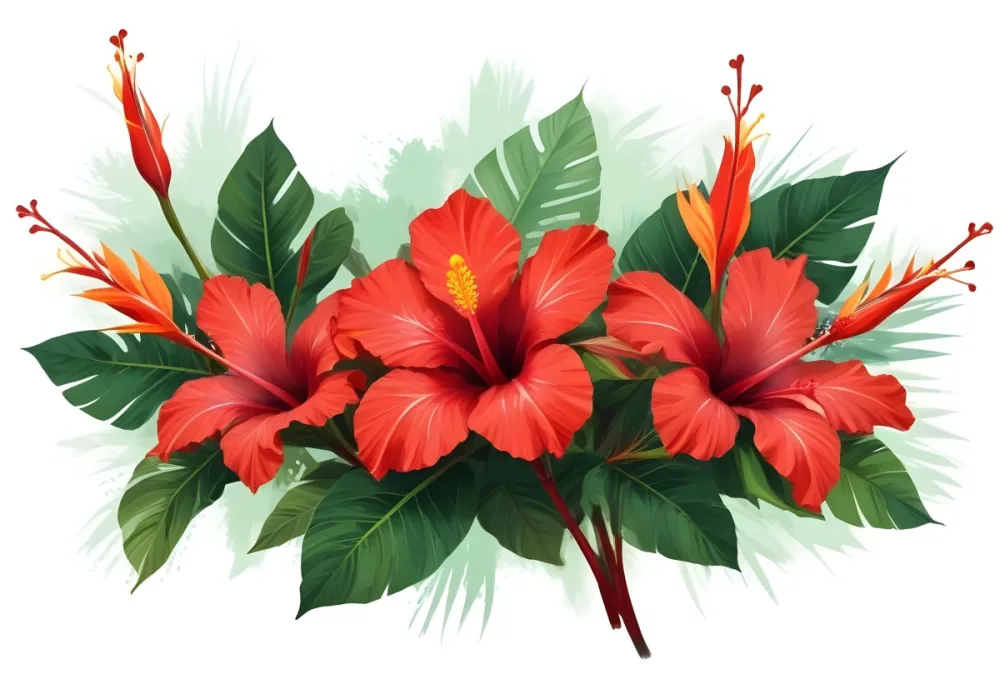 Digital Painting Three Red Hibiscus Flowers And A Bird Of Paradise Flower With Red Leaves On A Green Background Bold And Slim Lines Brush Strokes 3 6ec1