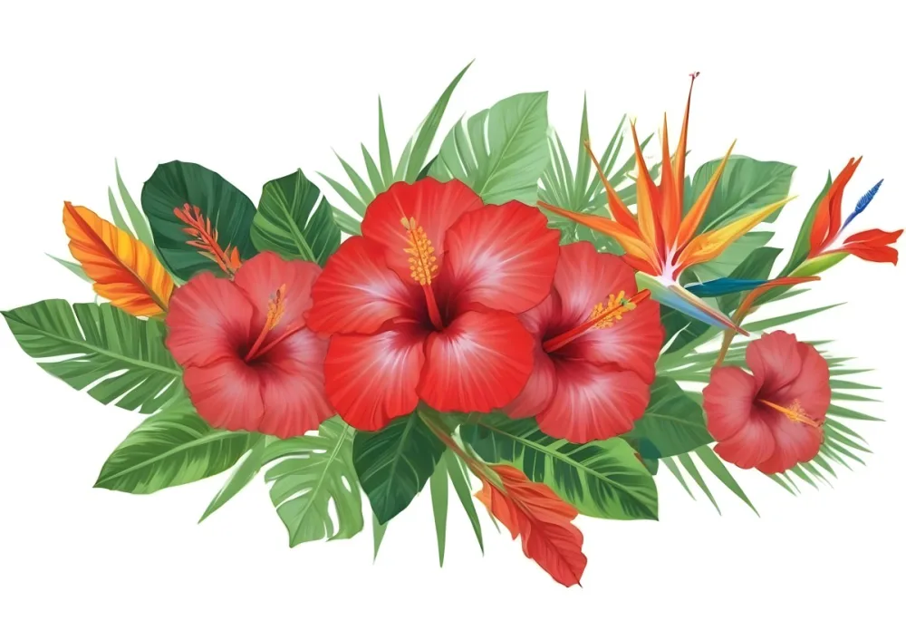 Digital Painting Three Red Hibiscus Flowers And A Bird Of Paradise Flower With Red Leaves On A Green Background Bold And Slim Lines Brush Strokes 4 De80