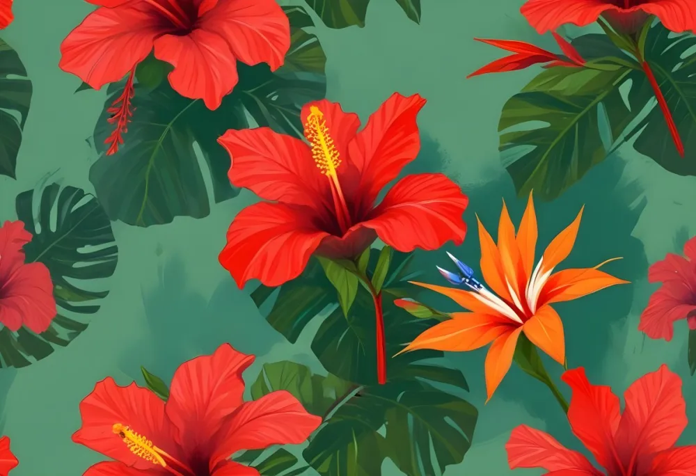 Digital Painting Three Red Hibiscus Flowers And A Bird Of Paradise Flower With Red Leaves On A Green Background Bold And Slim Lines Brush Strokes 5 2a0a