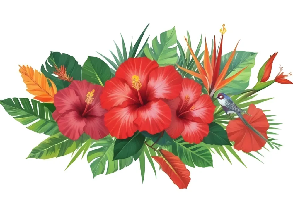 Digital Painting Three Red Hibiscus Flowers And A Bird Of Paradise Flower With Red Leaves On A Green Background Bold And Slim Lines Brush Strokes 6 2535