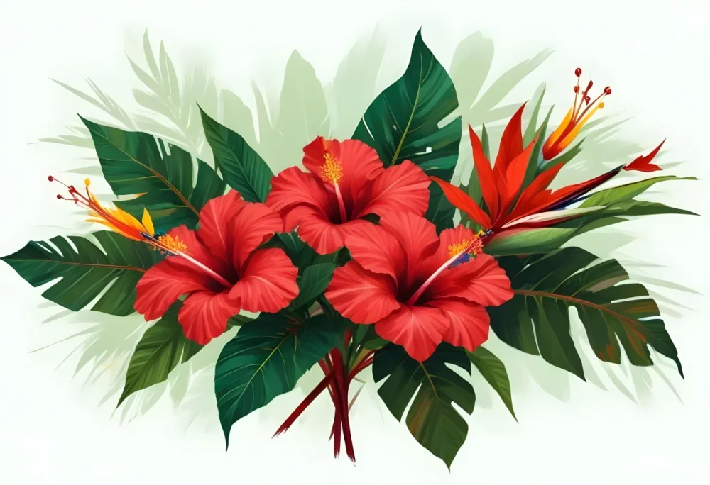 Digital Painting Three Red Hibiscus Flowers And A Bird Of Paradise Flower With Red Leaves On A Green Background Bold And Slim Lines Brush Strokes 7 D821