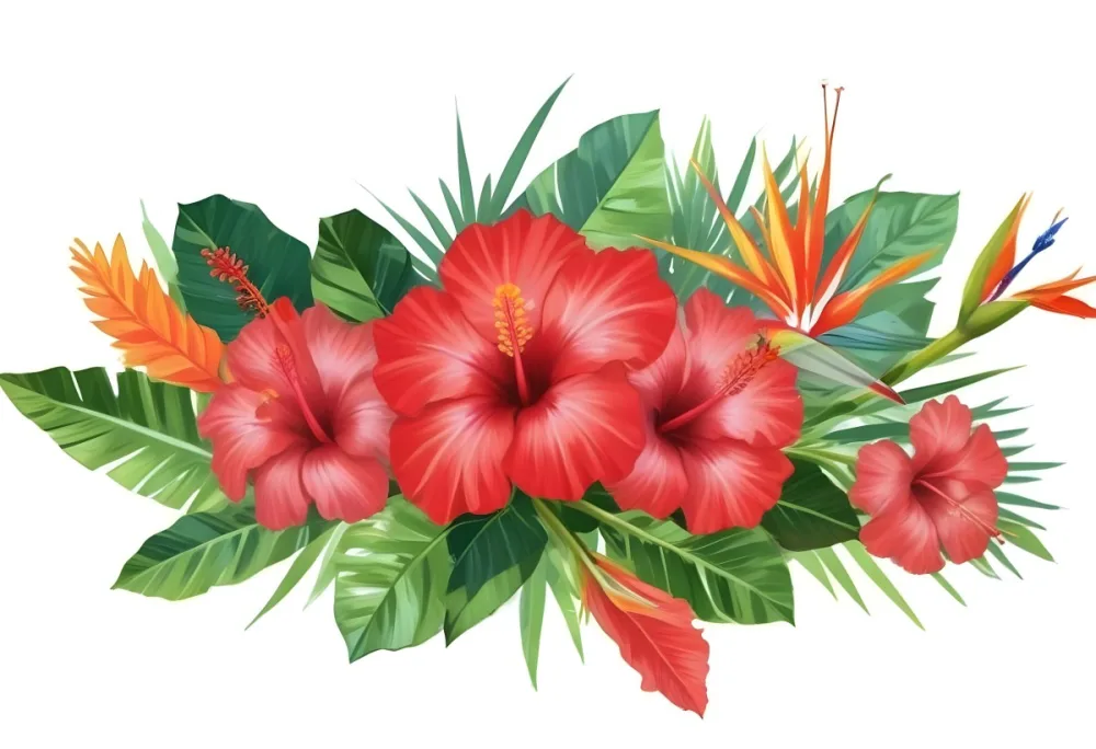 Digital Painting Three Red Hibiscus Flowers And A Bird Of Paradise Flower With Red Leaves On A Green Background Bold And Slim Lines Brush Strokes 8 78e1