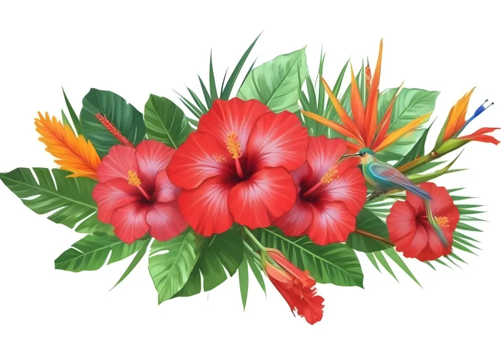 Digital Painting Three Red Hibiscus Flowers And A Bird Of Paradise Flower With Red Leaves On A Green Background Bold And Slim Lines Brush Strokes 9 686f