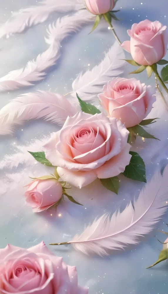 Digital Painting Three White Roses With Green Leaves And Green Feathers On A White Surface With Glitter Soft Lighting Romantic Elegant And Dreamy Bold And Slim Lines Brush Strokes 11 Bb71