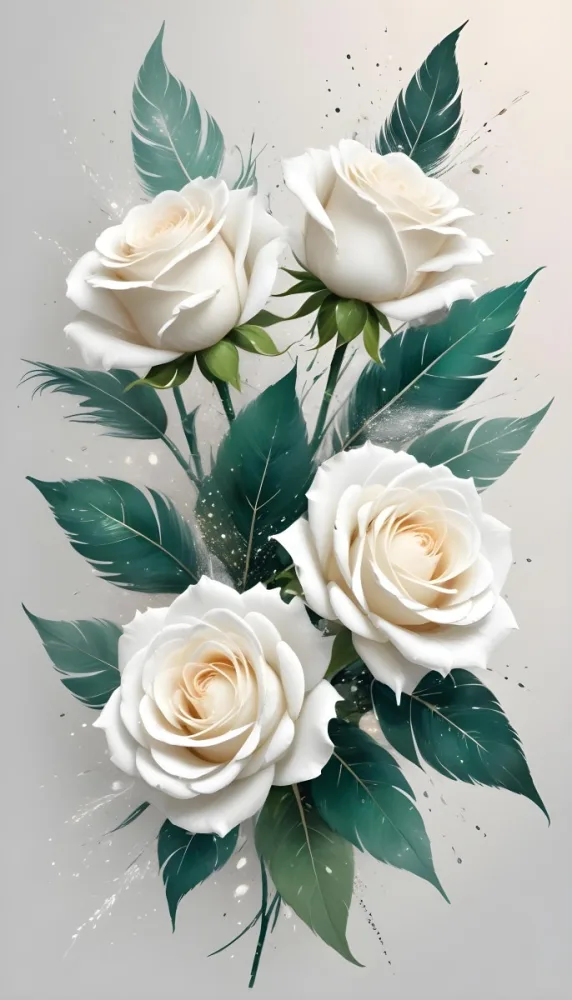 Digital Painting Three White Roses With Green Leaves And Green Feathers On A White Surface With Glitter Soft Lighting Romantic Elegant And Dreamy Bold And Slim Lines Brush Strokes 18 F261