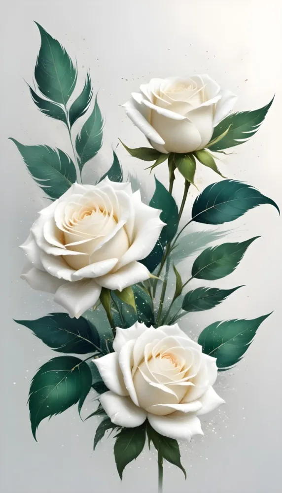Digital Painting Three White Roses With Green Leaves And Green Feathers On A White Surface With Glitter Soft Lighting Romantic Elegant And Dreamy Bold And Slim Lines Brush Strokes 19 F2b8