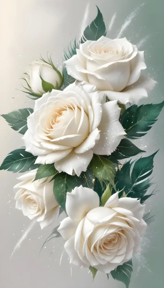 Digital Painting Three White Roses With Green Leaves And Green Feathers On A White Surface With Glitter Soft Lighting Romantic Elegant And Dreamy Bold And Slim Lines Brush Strokes 22 7ae8