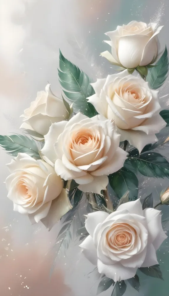 Digital Painting Three White Roses With Green Leaves And Green Feathers On A White Surface With Glitter Soft Lighting Romantic Elegant And Dreamy Bold And Slim Lines Brush Strokes 23 3a13