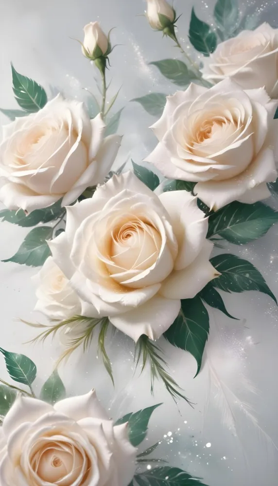 Digital Painting Three White Roses With Green Leaves And Green Feathers On A White Surface With Glitter Soft Lighting Romantic Elegant And Dreamy Bold And Slim Lines Brush Strokes 24 12b8