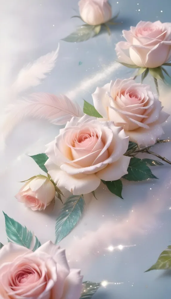 Digital Painting Three White Roses With Green Leaves And Green Feathers On A White Surface With Glitter Soft Lighting Romantic Elegant And Dreamy Bold And Slim Lines Brush Strokes 3 C0ae