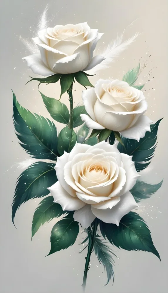 Digital Painting Three White Roses With Green Leaves And Green Feathers On A White Surface With Glitter Soft Lighting Romantic Elegant And Dreamy Bold And Slim Lines Brush Strokes 4 0909