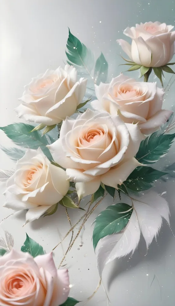 Digital Painting Three White Roses With Green Leaves And Green Feathers On A White Surface With Glitter Soft Lighting Romantic Elegant And Dreamy Bold And Slim Lines Brush Strokes 6 F425