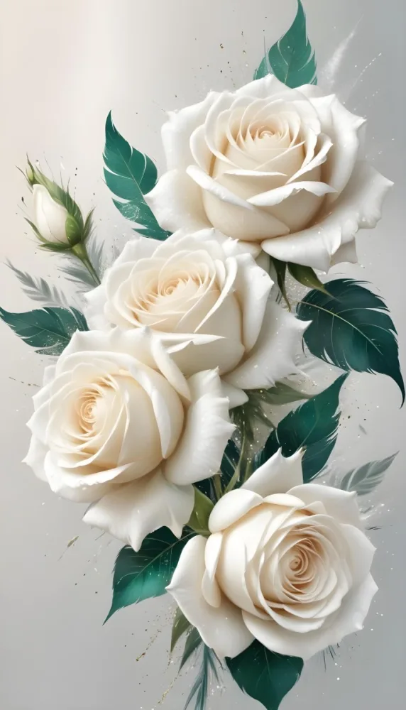 Digital Painting Three White Roses With Green Leaves And Green Feathers On A White Surface With Glitter Soft Lighting Romantic Elegant And Dreamy Bold And Slim Lines Brush Strokes 8 D694