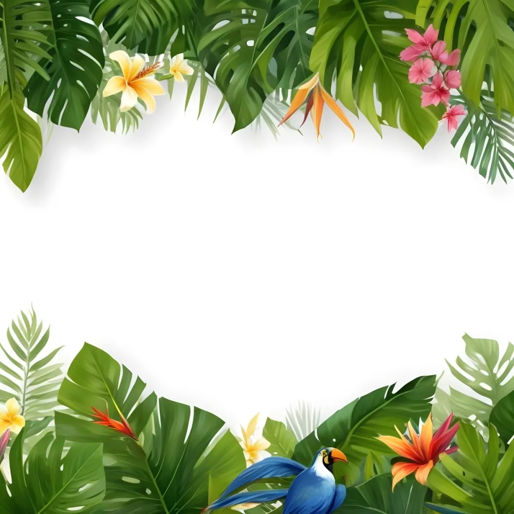 Digital Painting Tropical Leaves And Flowers Frame With Monstera Banana Leaves Palm Leaves Hibiscus Plumeria And Bird Of Paradise On A White Background Bold And Slim Lines Brush Strokes 14 16a2