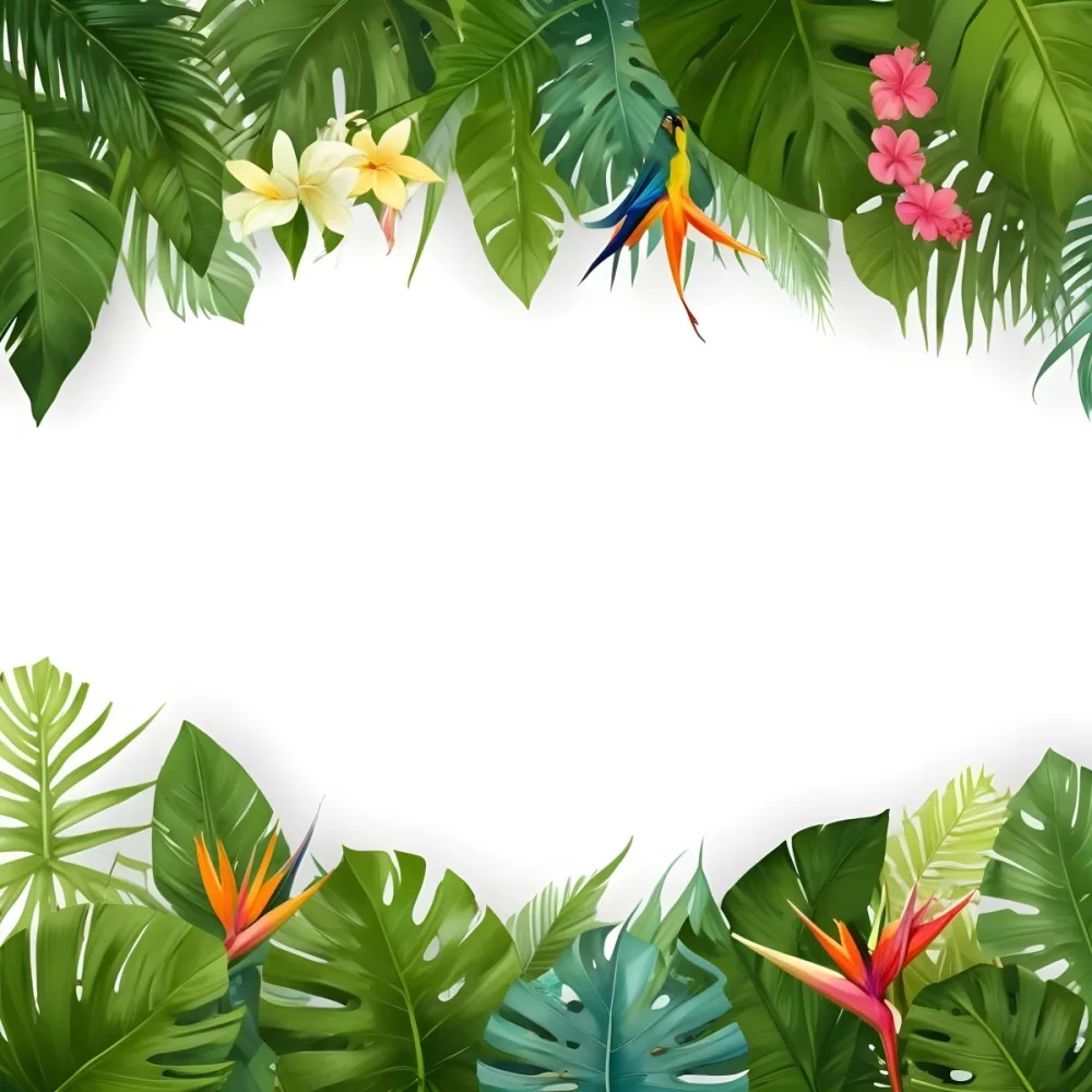 Digital Painting Tropical Leaves And Flowers Frame With Monstera Banana Leaves Palm Leaves Hibiscus Plumeria And Bird Of Paradise On A White Background Bold And Slim Lines Brush Strokes 16 1bf7