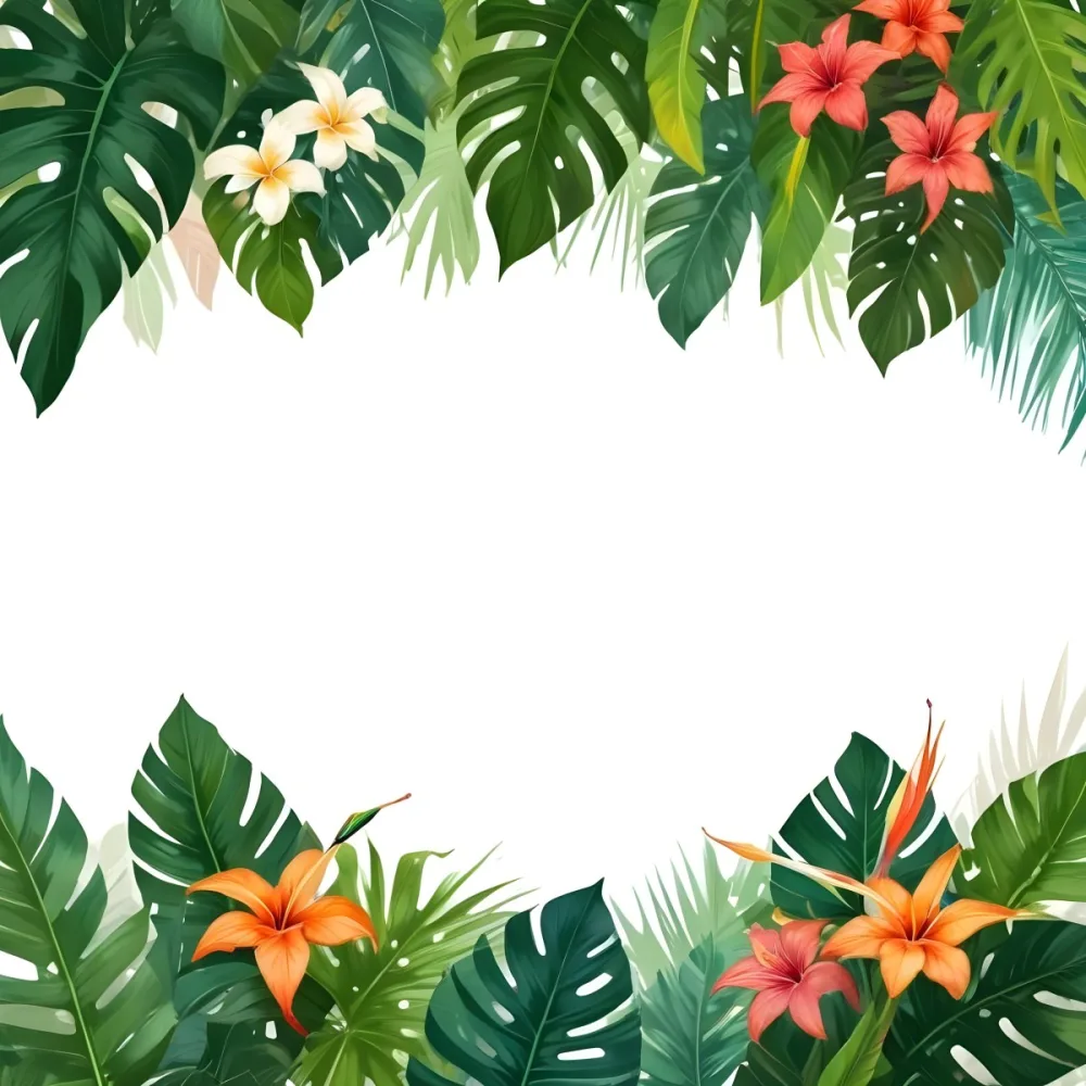 Digital Painting Tropical Leaves And Flowers Frame With Monstera Banana Leaves Palm Leaves Hibiscus Plumeria And Bird Of Paradise On A White Background Bold And Slim Lines Brush Strokes 2 7691