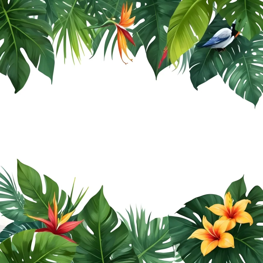 Digital Painting Tropical Leaves And Flowers Frame With Monstera Banana Leaves Palm Leaves Hibiscus Plumeria And Bird Of Paradise On A White Background Bold And Slim Lines Brush Strokes 23 317a