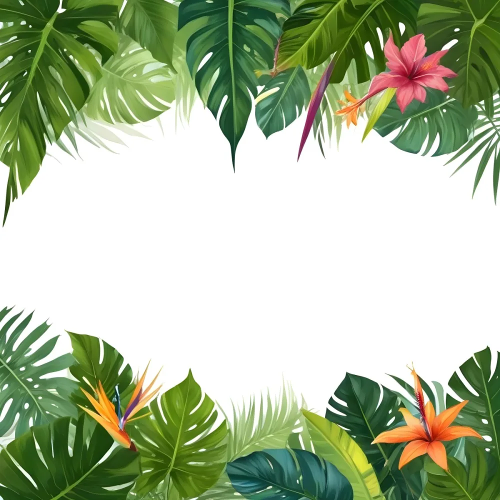 Digital Painting Tropical Leaves And Flowers Frame With Monstera Banana Leaves Palm Leaves Hibiscus Plumeria And Bird Of Paradise On A White Background Bold And Slim Lines Brush Strokes 25 De25