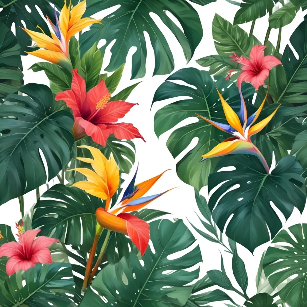 Digital Painting Tropical Leaves And Flowers Frame With Monstera Banana Leaves Palm Leaves Hibiscus Plumeria And Bird Of Paradise On A White Background Bold And Slim Lines Brush Strokes 29 Bbb3