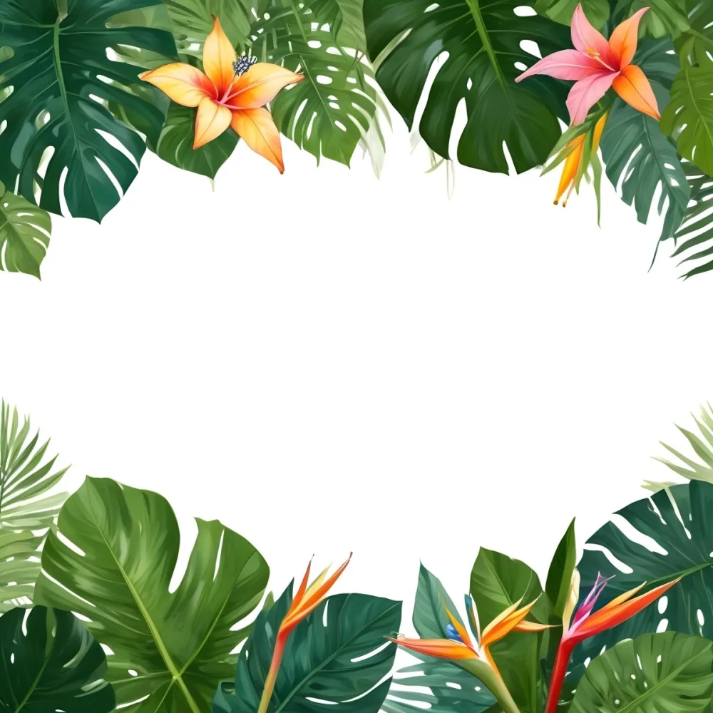 Digital Painting Tropical Leaves And Flowers Frame With Monstera Banana Leaves Palm Leaves Hibiscus Plumeria And Bird Of Paradise On A White Background Bold And Slim Lines Brush Strokes 30 772a