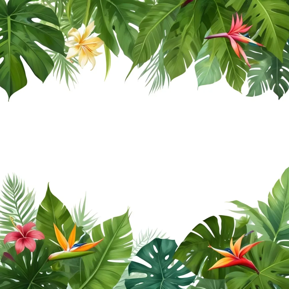 Digital Painting Tropical Leaves And Flowers Frame With Monstera Banana Leaves Palm Leaves Hibiscus Plumeria And Bird Of Paradise On A White Background Bold And Slim Lines Brush Strokes 31 441f