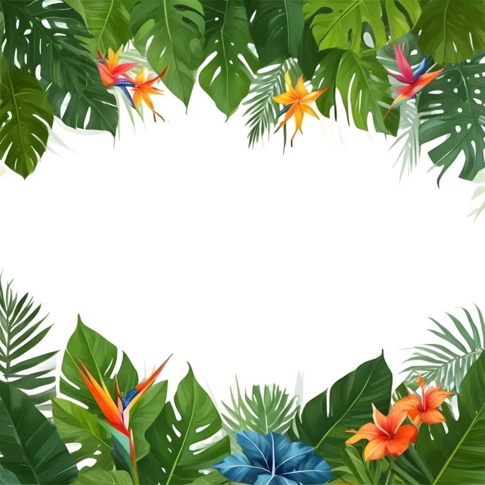 Digital Painting Tropical Leaves And Flowers Frame With Monstera Banana Leaves Palm Leaves Hibiscus Plumeria And Bird Of Paradise On A White Background Bold And Slim Lines Brush Strokes 32 0de0