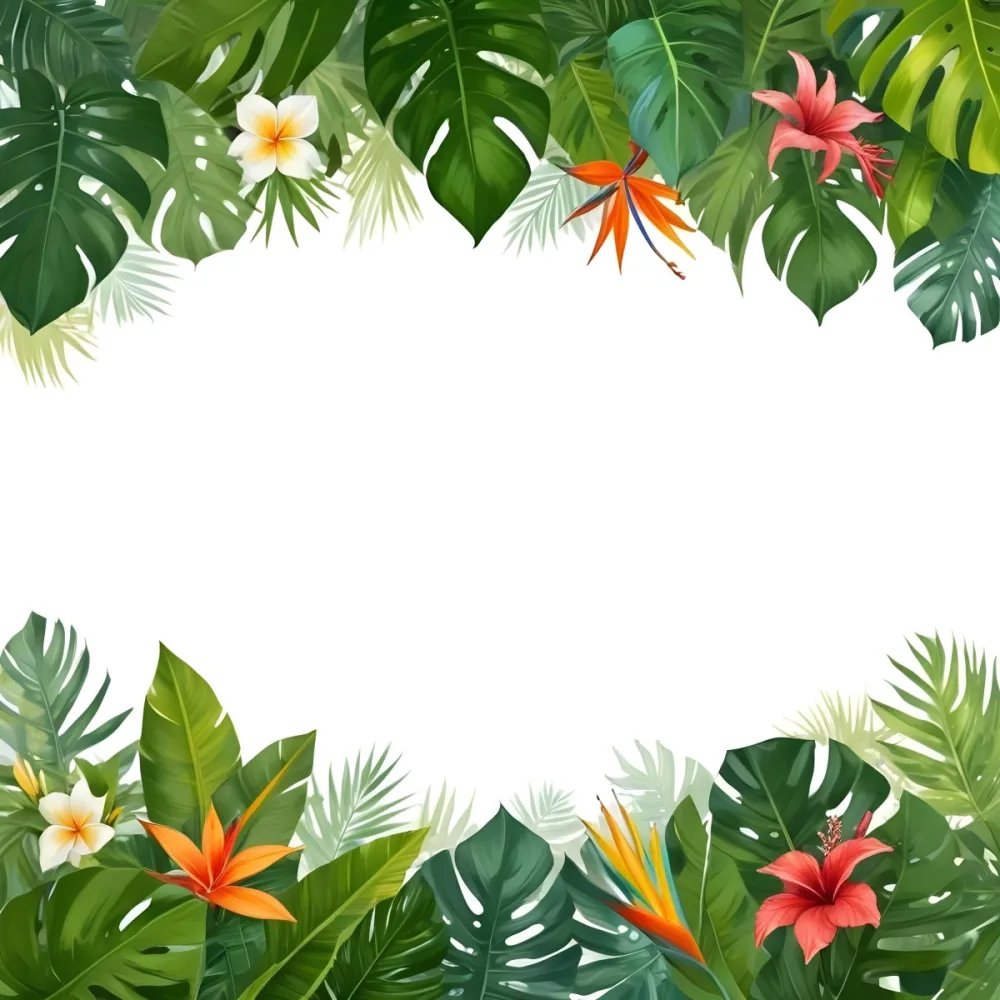 Digital Painting Tropical Leaves And Flowers Frame With Monstera Banana Leaves Palm Leaves Hibiscus Plumeria And Bird Of Paradise On A White Background Bold And Slim Lines Brush Strokes 34 Cdfd
