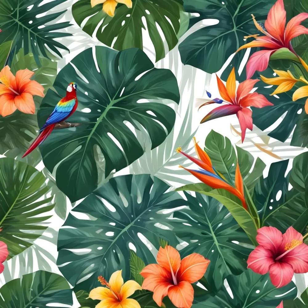 Digital Painting Tropical Leaves And Flowers Frame With Monstera Banana Leaves Palm Leaves Hibiscus Plumeria And Bird Of Paradise On A White Background Bold And Slim Lines Brush Strokes 36 B1b5