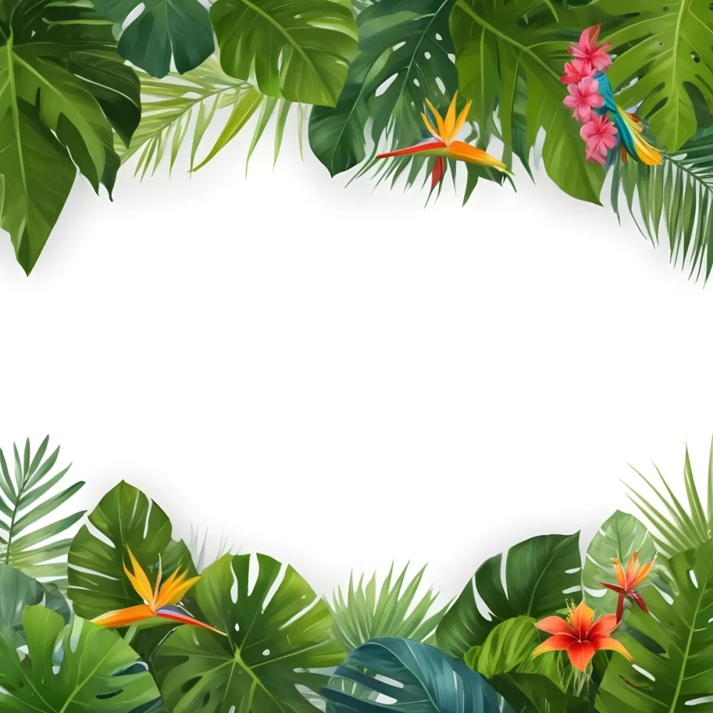 Digital Painting Tropical Leaves And Flowers Frame With Monstera Banana Leaves Palm Leaves Hibiscus Plumeria And Bird Of Paradise On A White Background Bold And Slim Lines Brush Strokes 5 0f0c