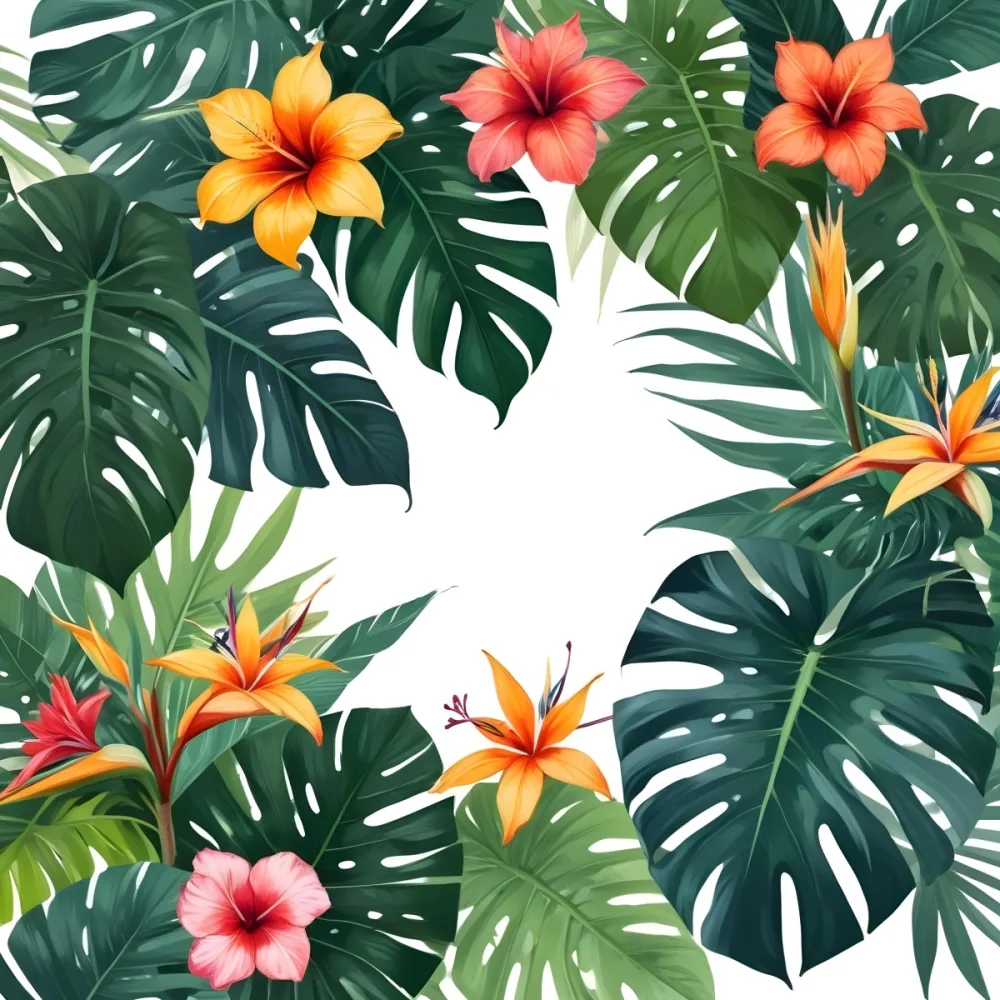 Digital Painting Tropical Leaves And Flowers Frame With Monstera Banana Leaves Palm Leaves Hibiscus Plumeria And Bird Of Paradise On A White Background Bold And Slim Lines Brush Strokes 8 4d9b