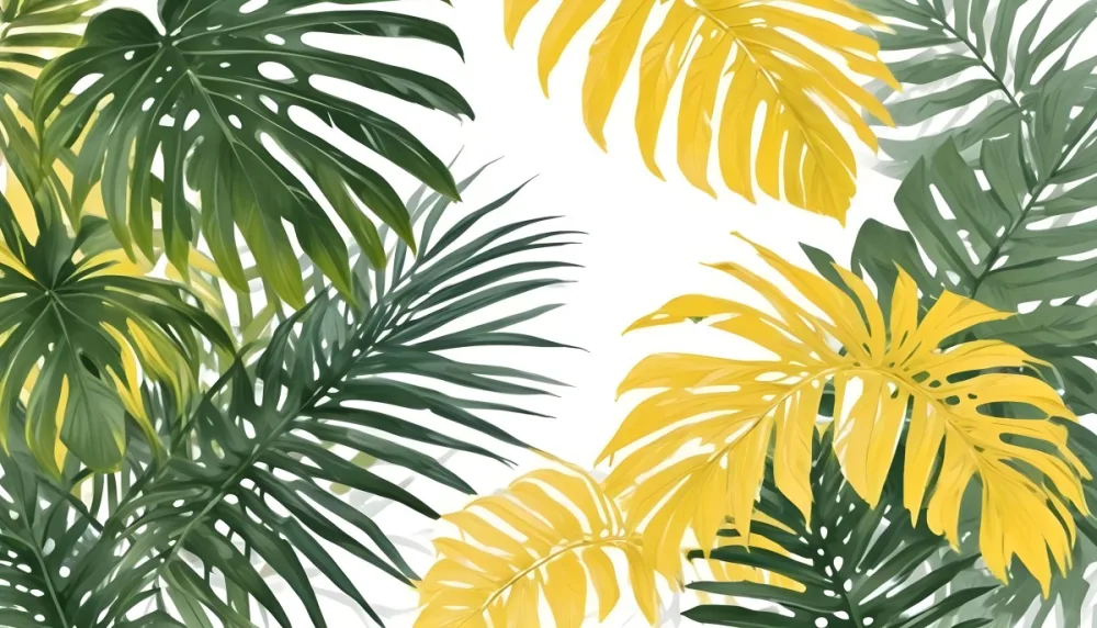 Digital Painting Yellow Tropical Leaves With A White Rectangle In The Middle Palm Leaves Monstera Leaves Fern Leaves Isolated On White Background Bold And Slim Lines Brush Strokes 13 519c