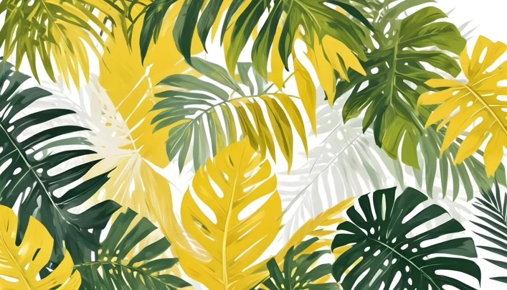 Digital Painting Yellow Tropical Leaves With A White Rectangle In The Middle Palm Leaves Monstera Leaves Fern Leaves Isolated On White Background Bold And Slim Lines Brush Strokes 15 Ad41